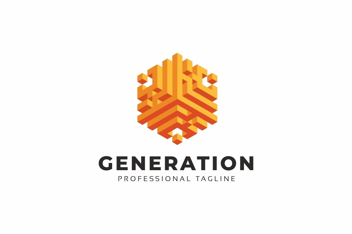 A orange 3d hexagon abstract logo with a white lettering "Generation professional tagline" on a white background.