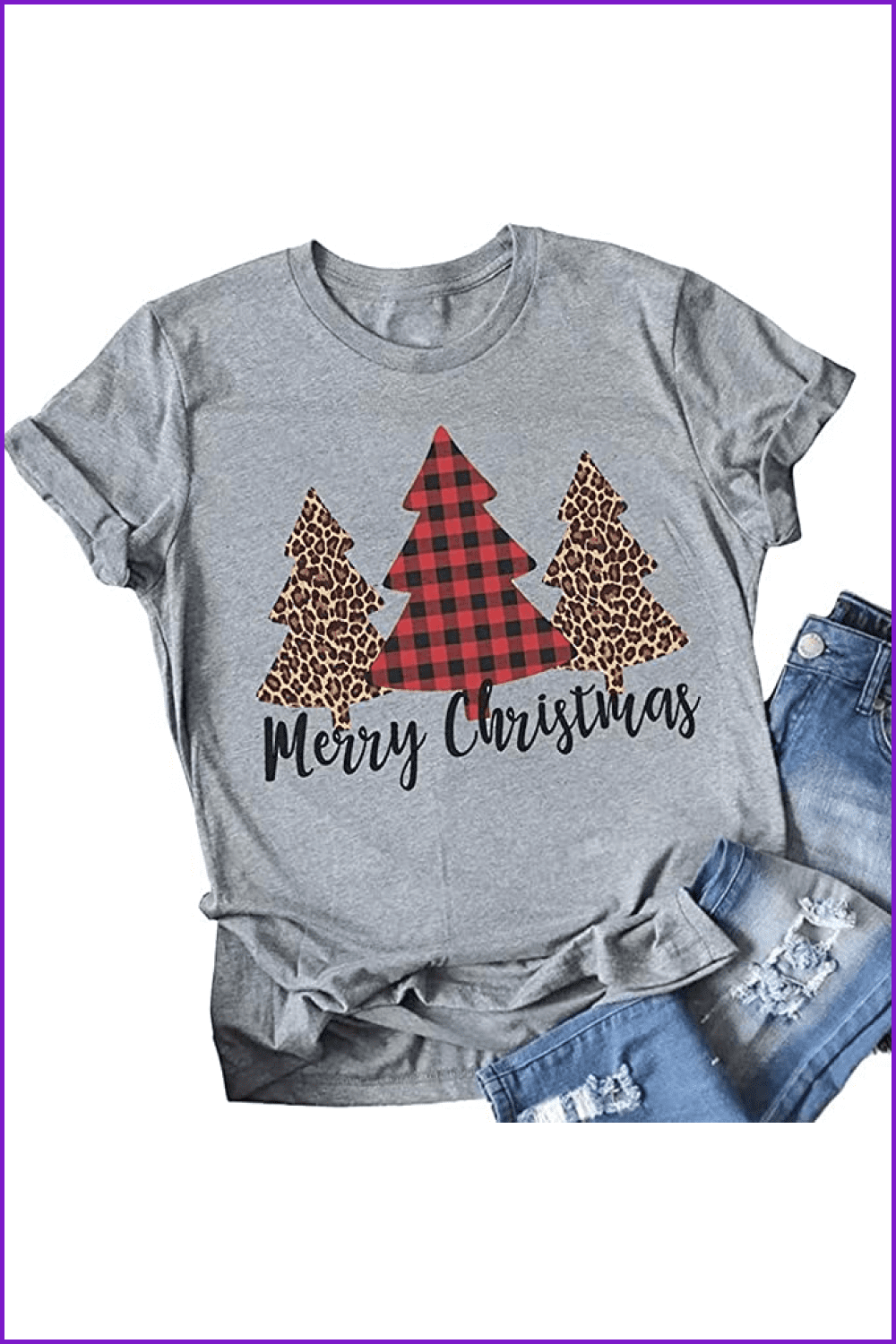 Grey t-shirt with a black-red squares and leopard Merry Christmas Trees.