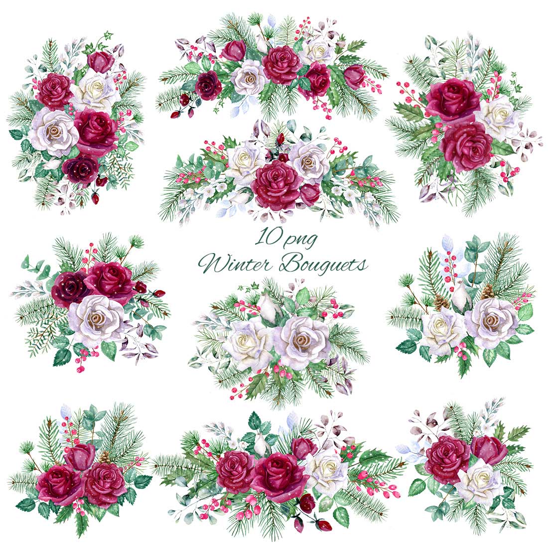 Set of Watercolor Winter Bouquets preview.