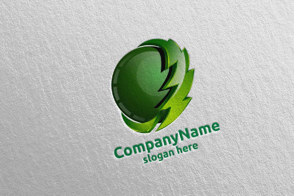 A green 3D electric lightning logo energy and thunder and green lettering "CompanyName slogan here" on a gray background.