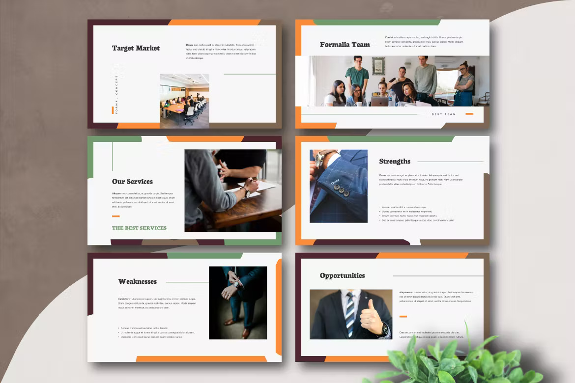 A set of 6 different powerpoint templates in orange, brown and dirty green.