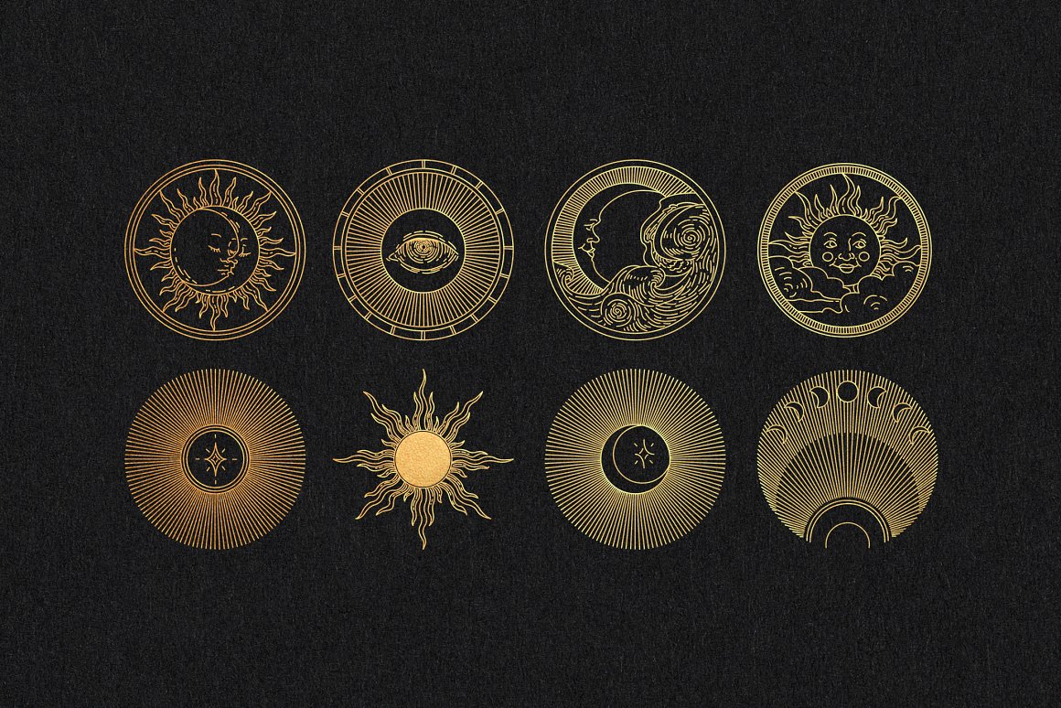 A set of 8 different golden celestial elements on a black background.