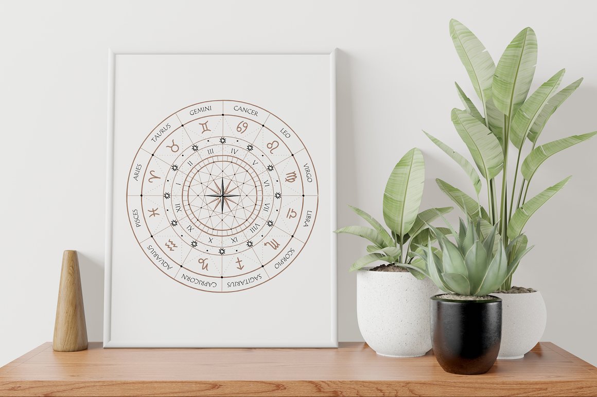 3 pots with plant and picture of a black zodiac wheel on a white background in white frame, on a gray background.