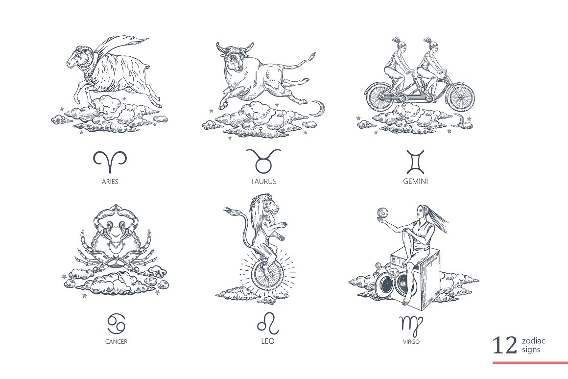 A set of 6 gray illustrations with funny zodiac signs on a white background.