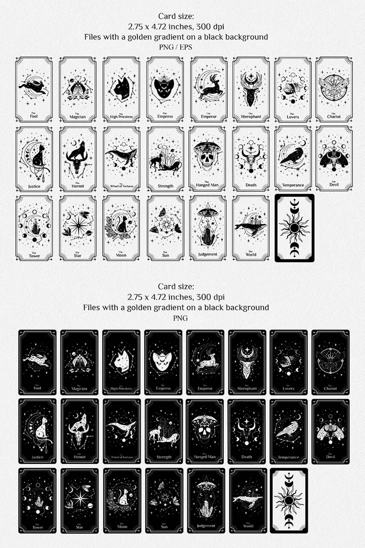 Two cards versions - black and white with the mystical animals.