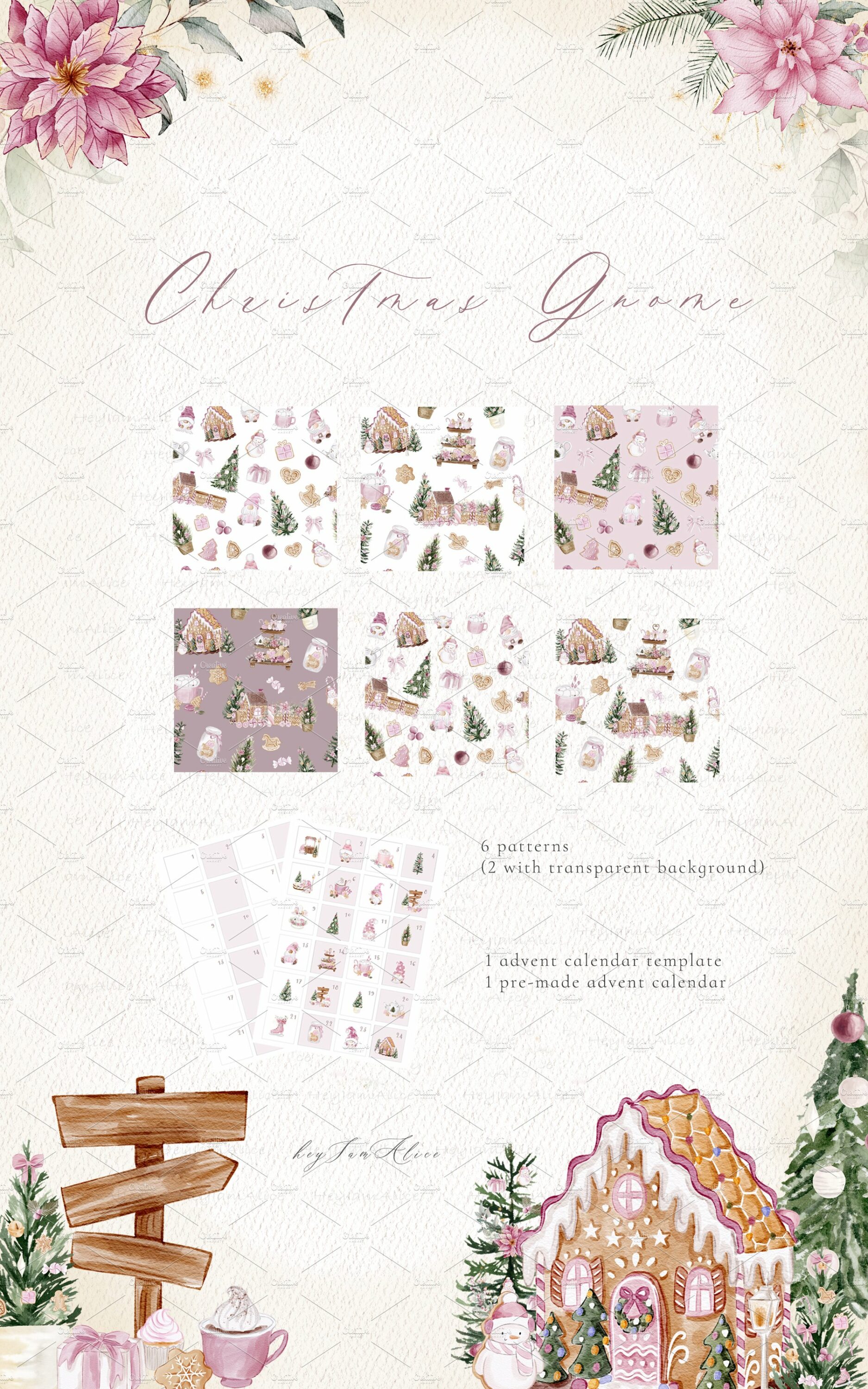 Pastel patterns with Christmas trees, gnomes and festive gifts.