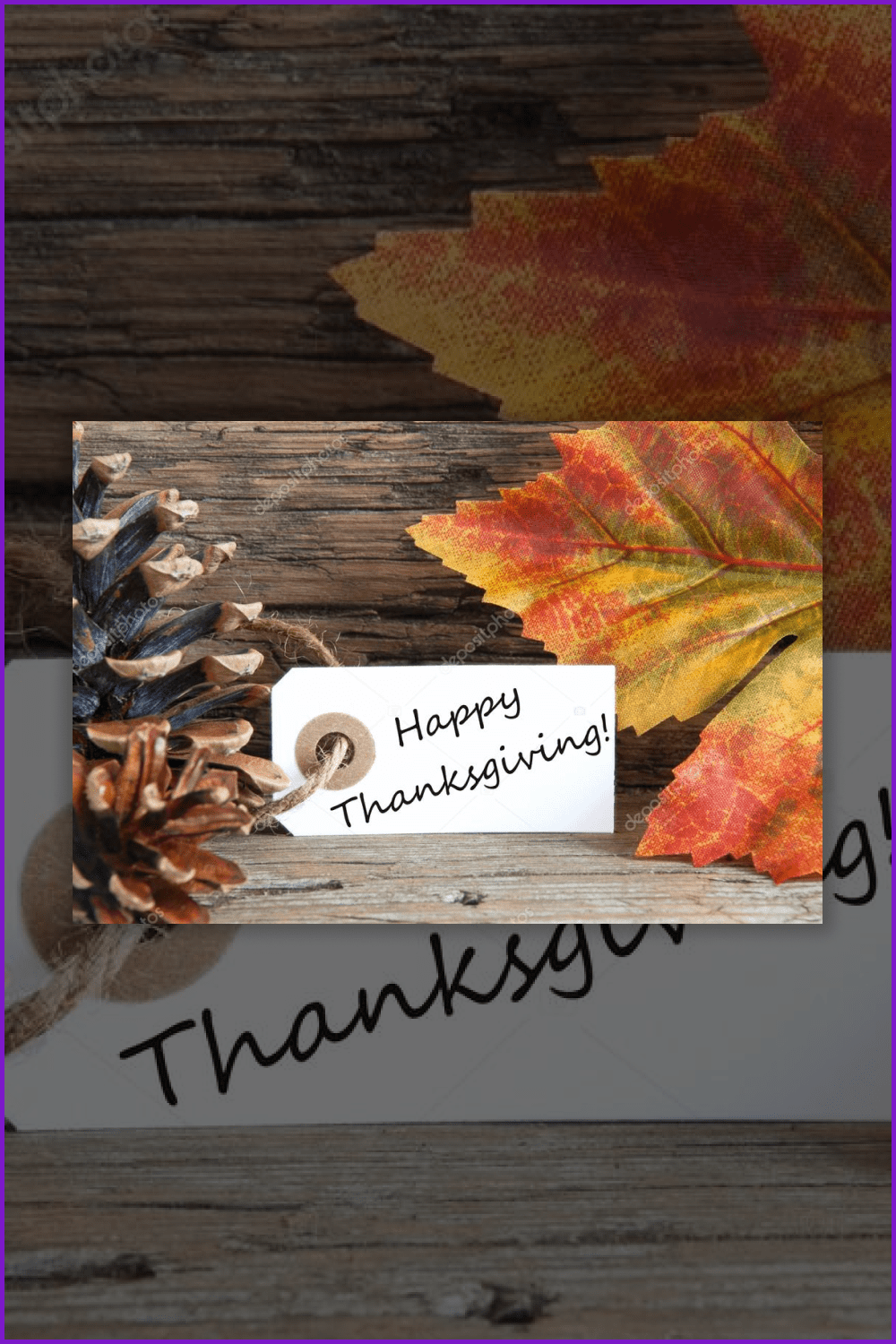 Yellow maple leaf, fir cone and label with inscription Happy Thanksgiving.