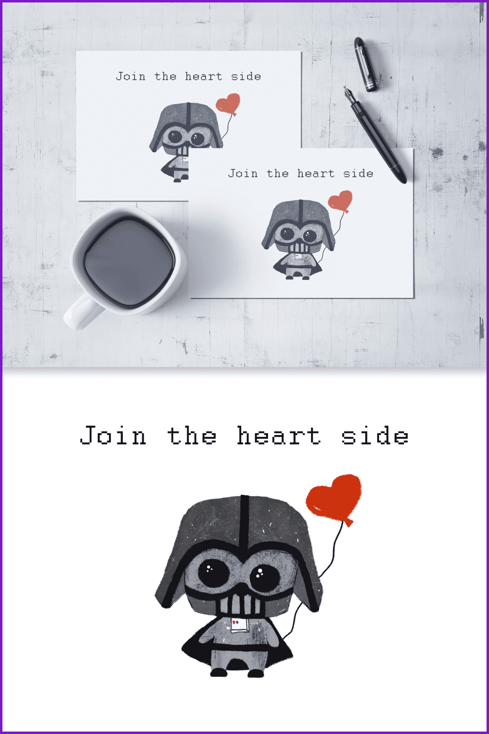 Postcard collage with funny drawn Darth Vader with heart balloon.