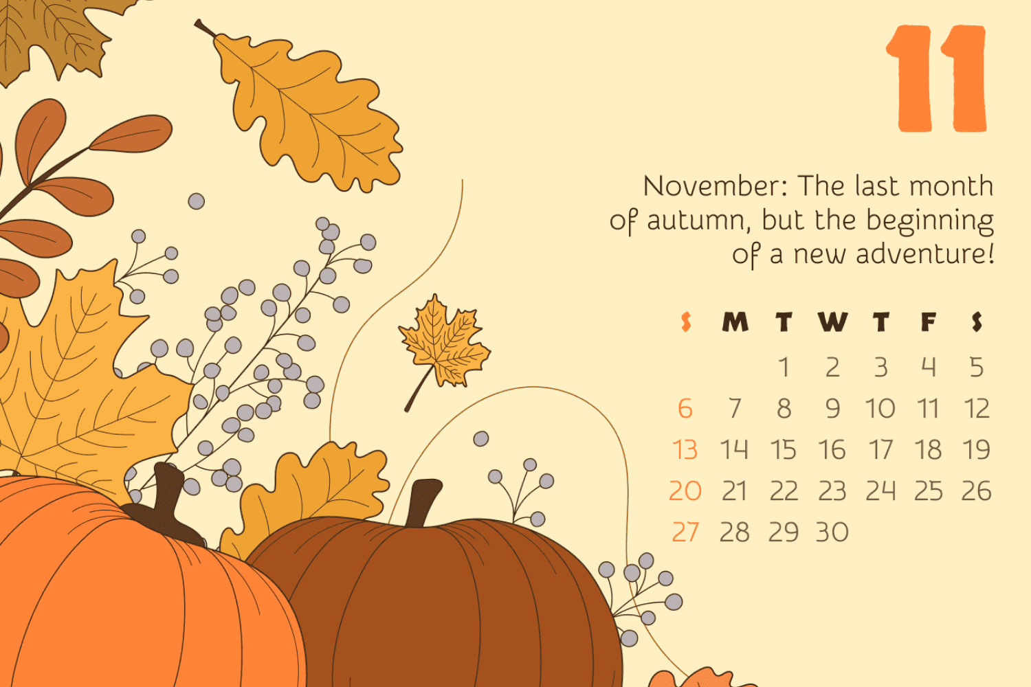 Calendar for november with painted big pumpkins, leaves on yellow background.
