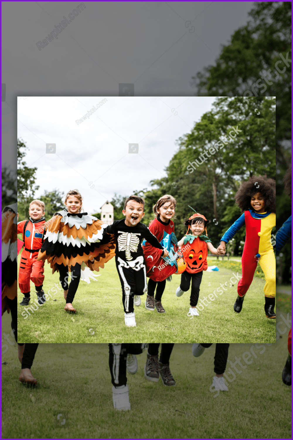 Photo of running children in Halloween costumes.