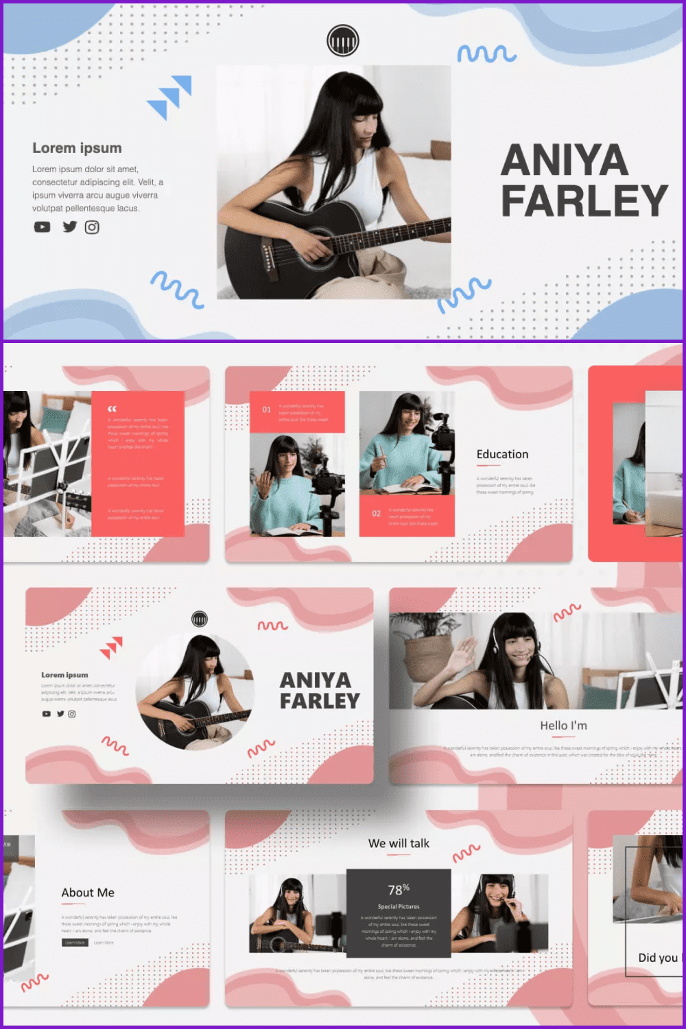 Collage of presentation pages with white background and pink elements and a girl with a guitar.