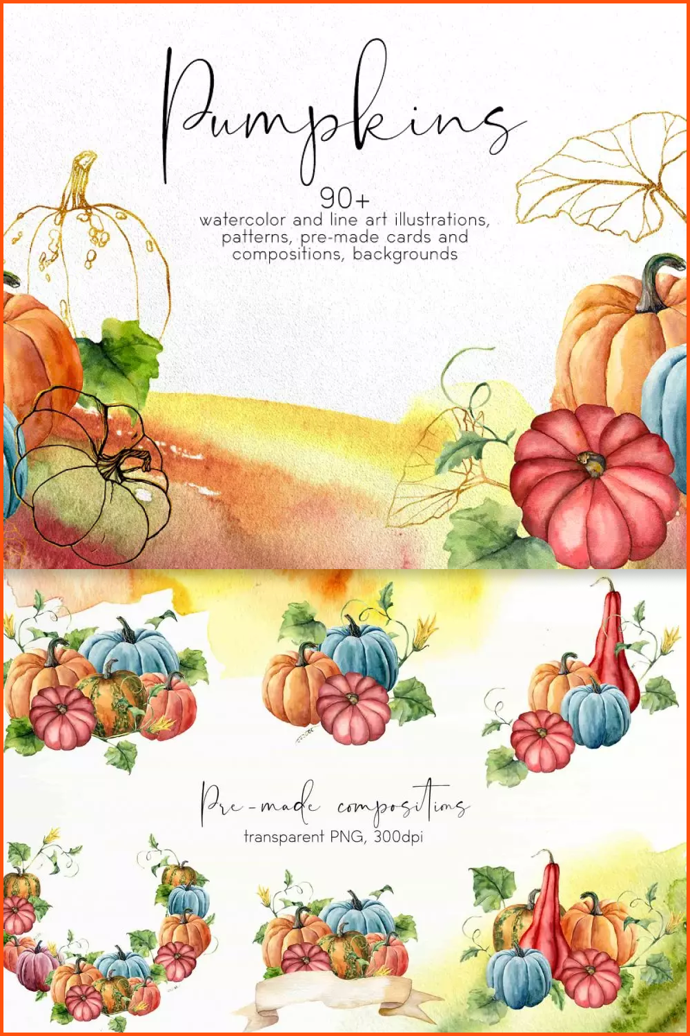 Images of bright pumpkins of different sizes, shapes and colors, painted in watercolor.