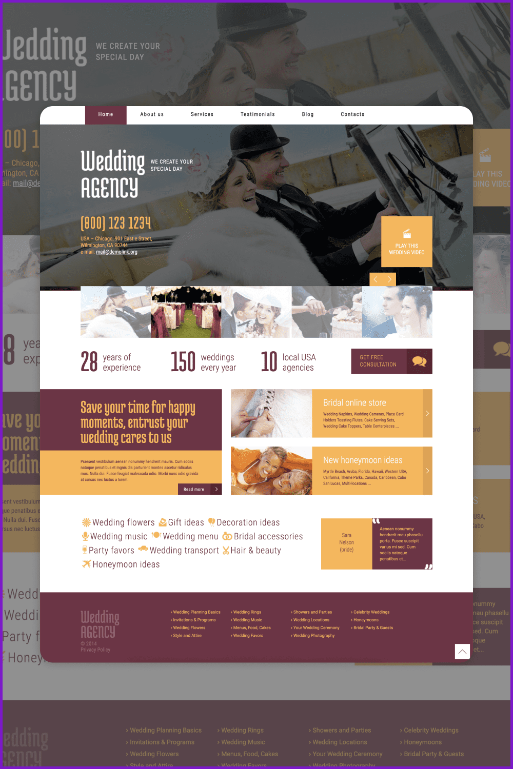 Screenshot of a wedding agency website page with orange and burgundy elements.