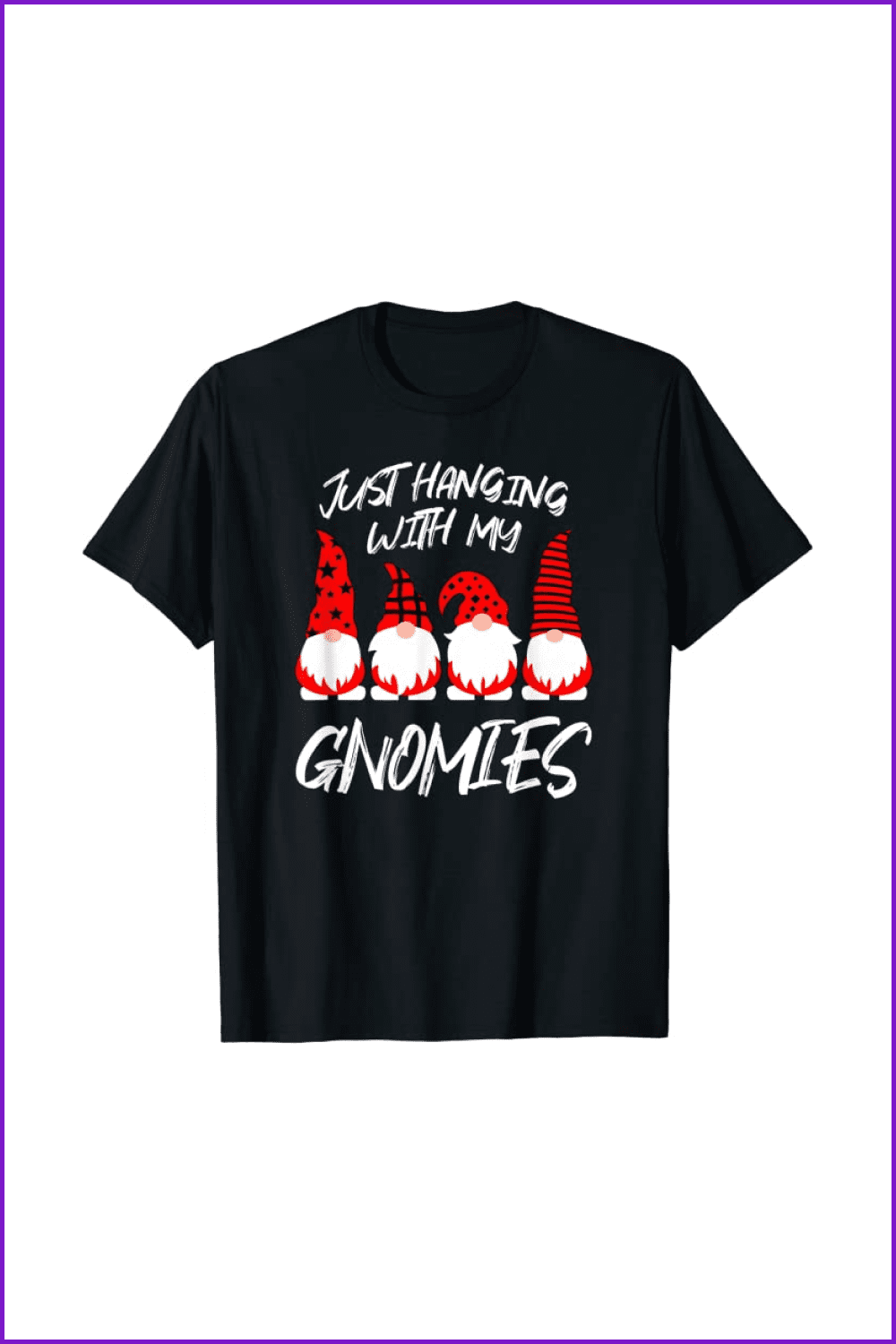 Black t-shirt with a four funny gnomes.