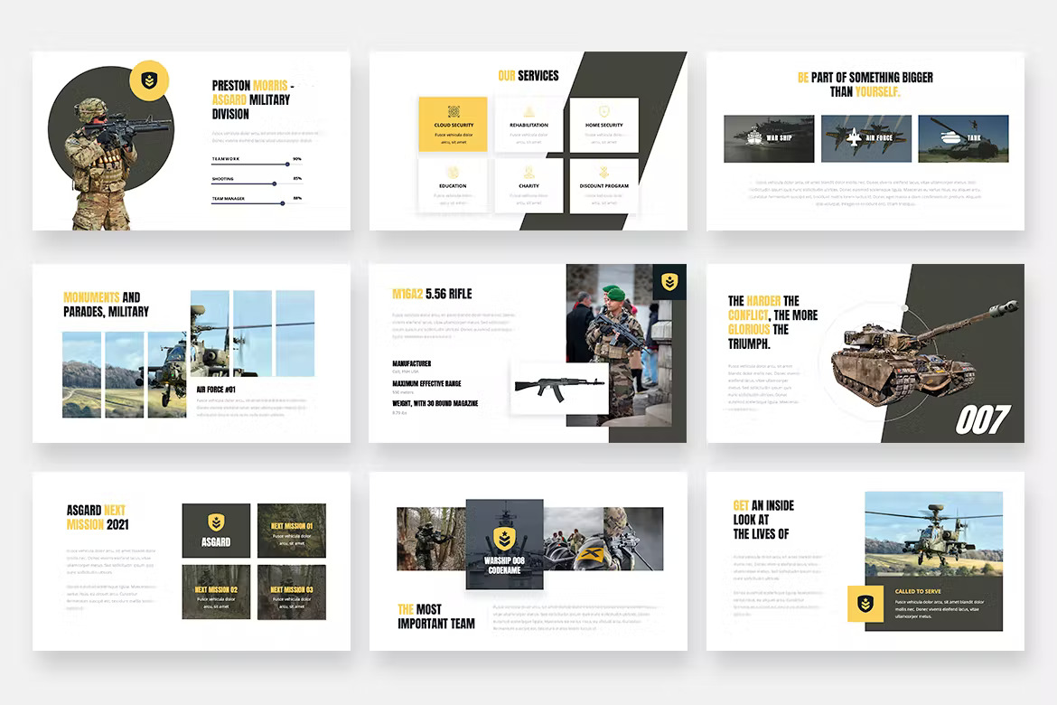 9 different white, yellow and dark grey asgard - military and army powerpoint templates on a gray background.