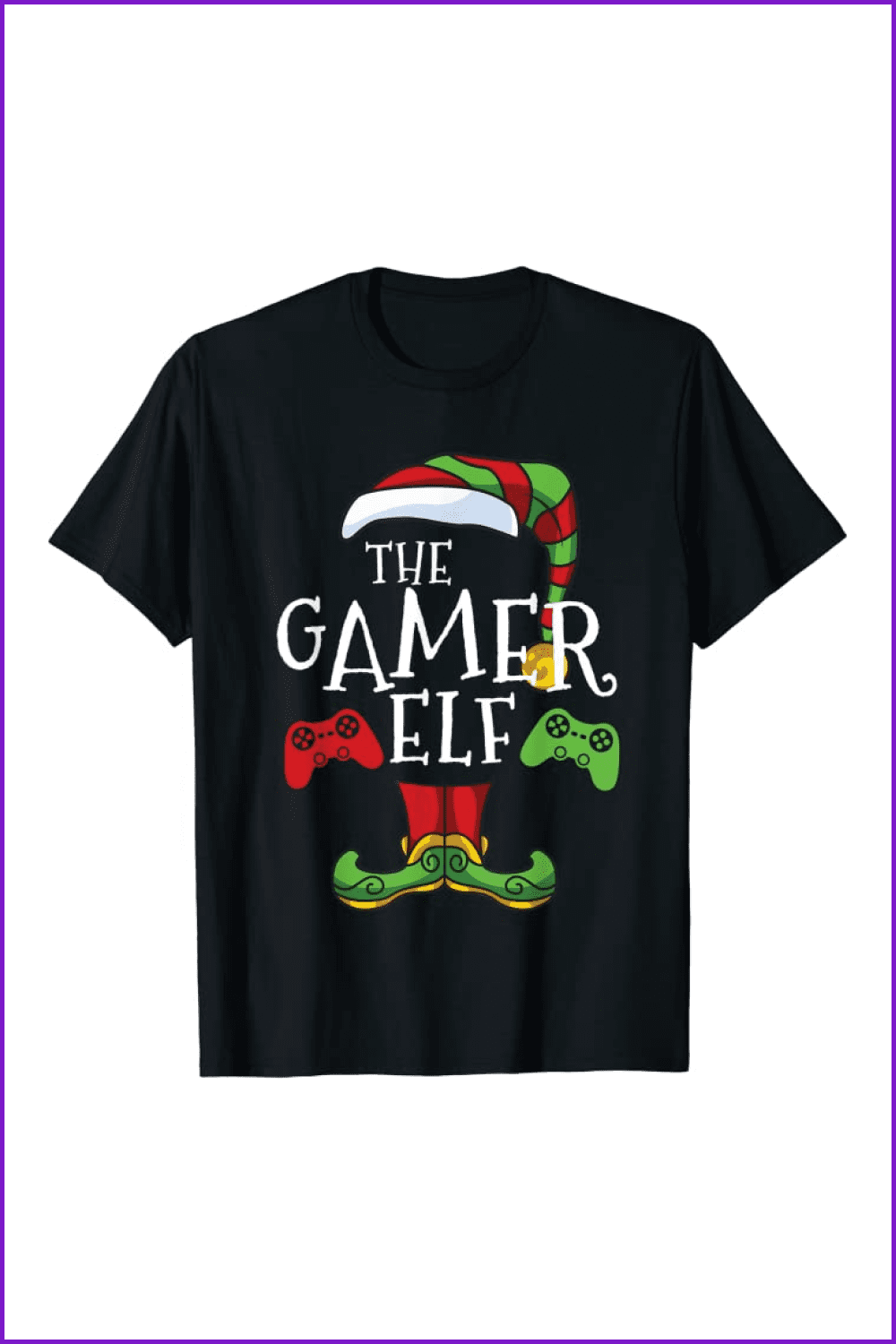 Black t-shirt with a Christmas hat and elves legs, and two game controllers.