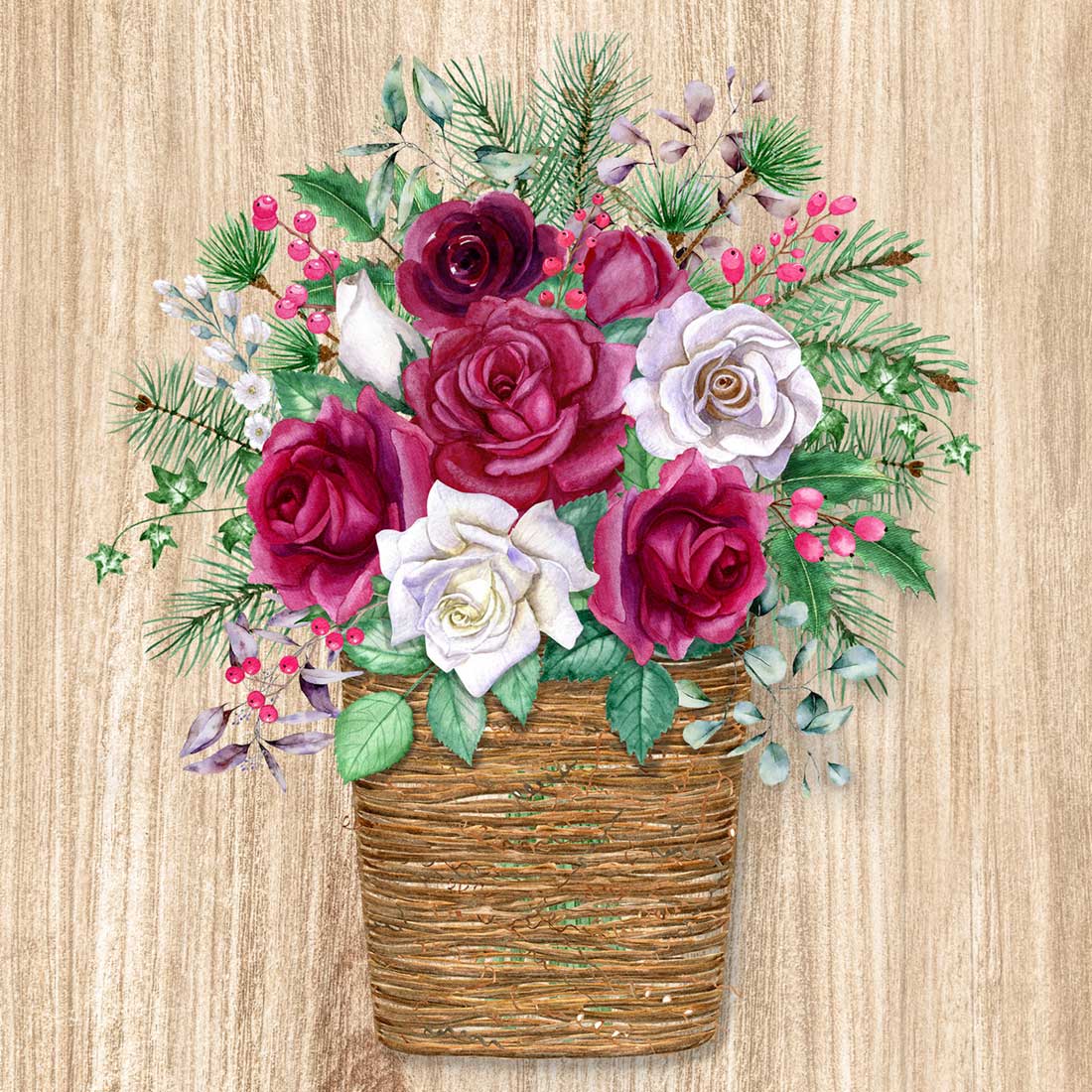 A bouquet of flowers with greenery on a wooden background.