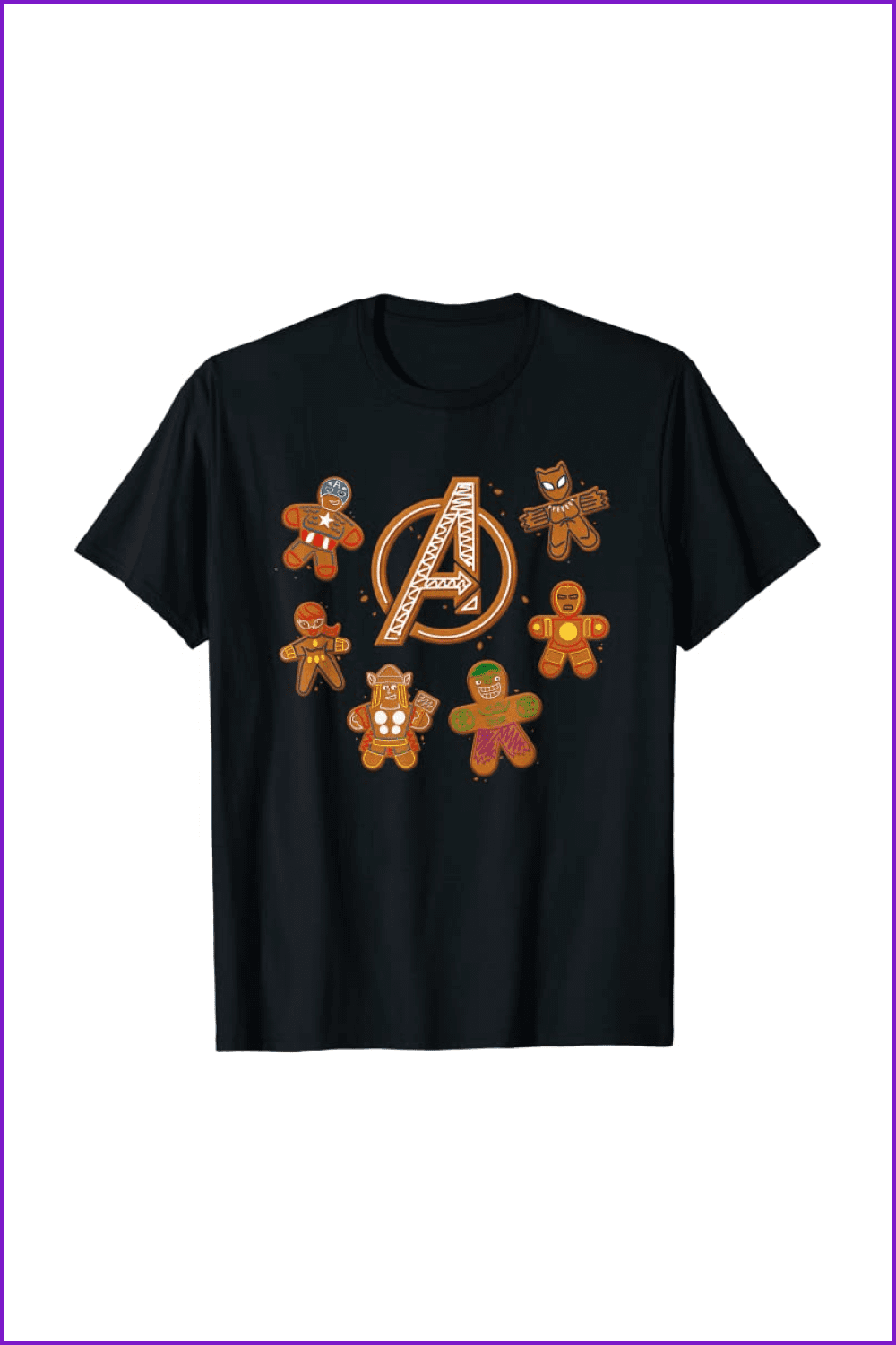 Black t-shirt with six avengers and the big letter 
