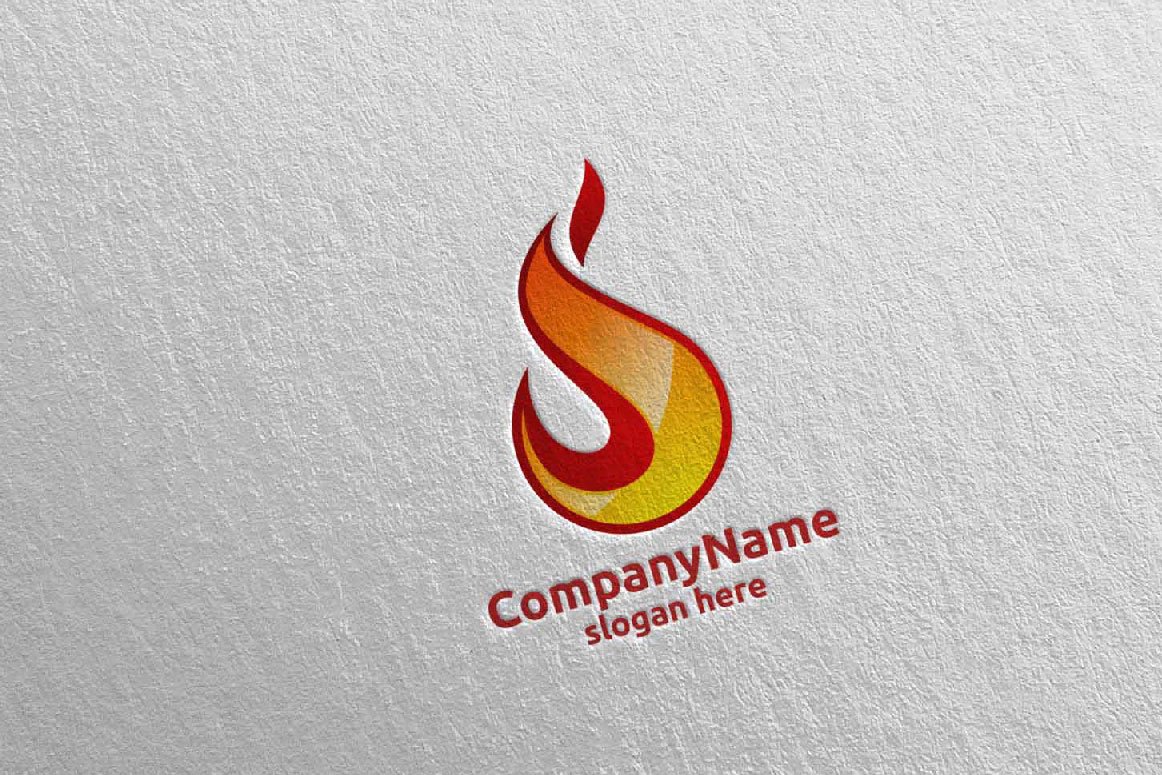A orange 3D fire flame element logo and orange lettering "CompanyName slogan here" on a gray background.