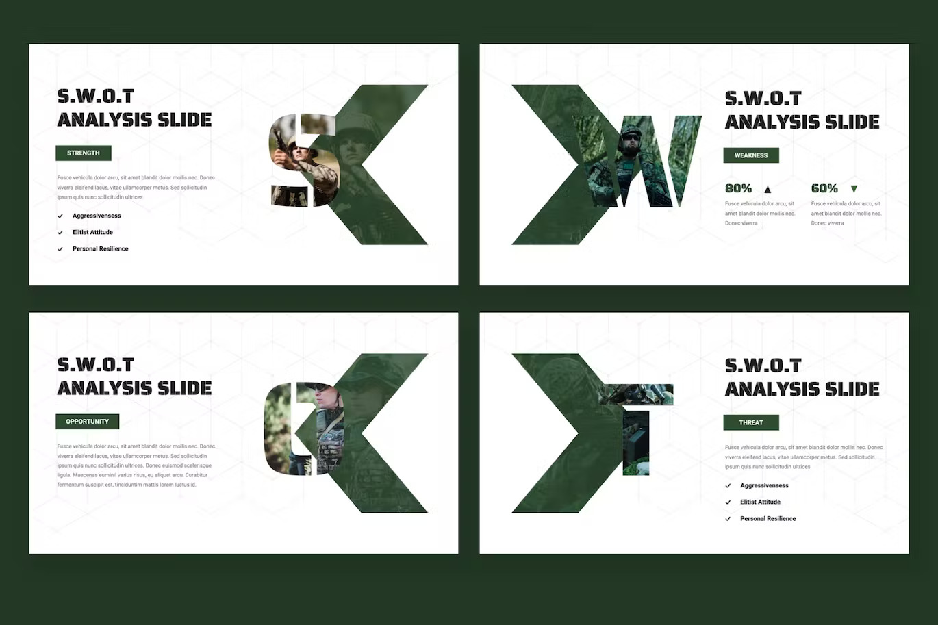 4 different white and dark green slides of SWOT analysis.
