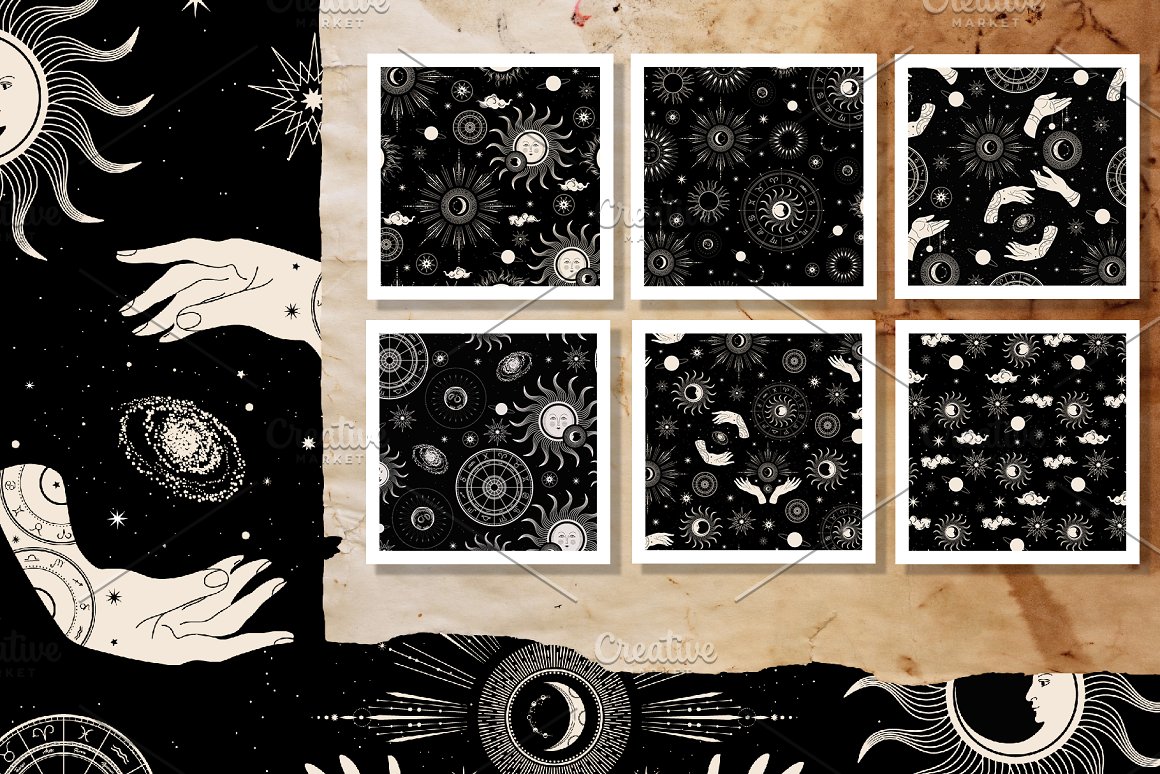 A set of 6 white compositions with magic hands and space elements on a black background in white frames.