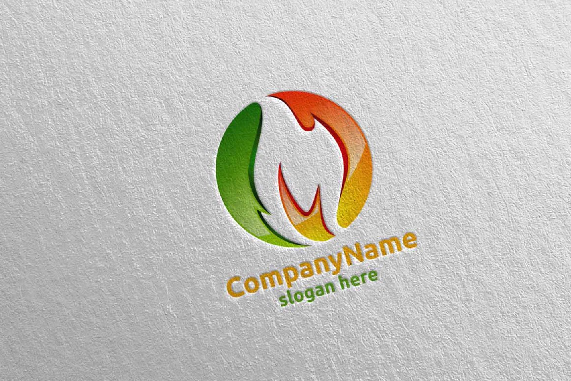 A green and orange 3D fire flame element logo and orange and green lettering "CompanyName slogan here" on a gray background.