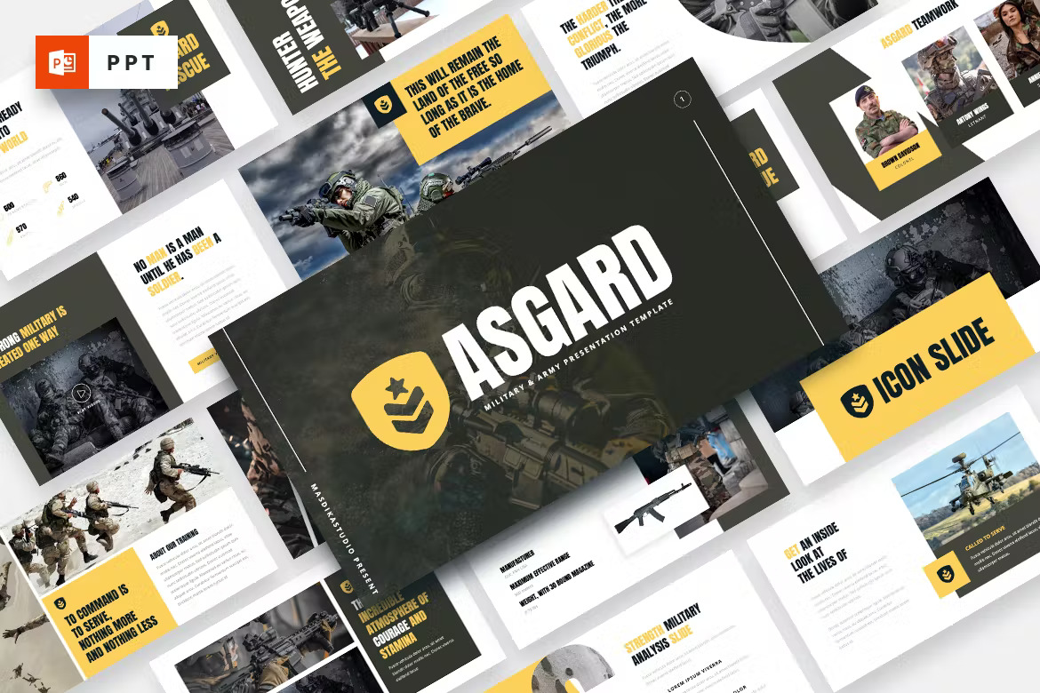 White lettering "ASGARD" on a background with different white, yellow and dark grey presentation templates.