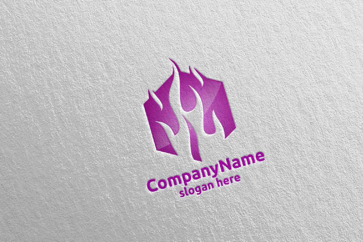 A purple 3D fire flame element logo and purple lettering "CompanyName slogan here" on a gray background.