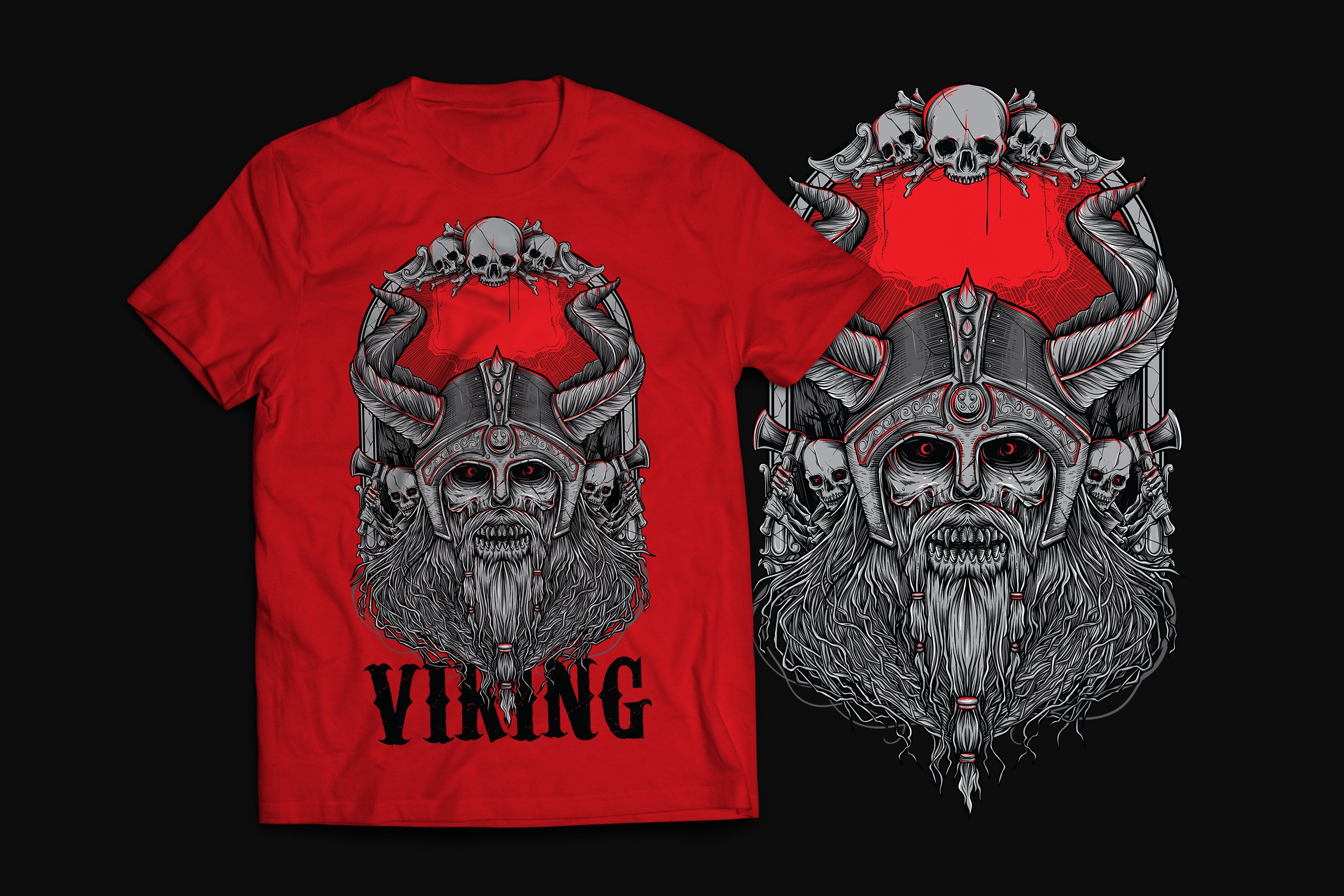 Rock and roll viking skull on the red t-shirt.