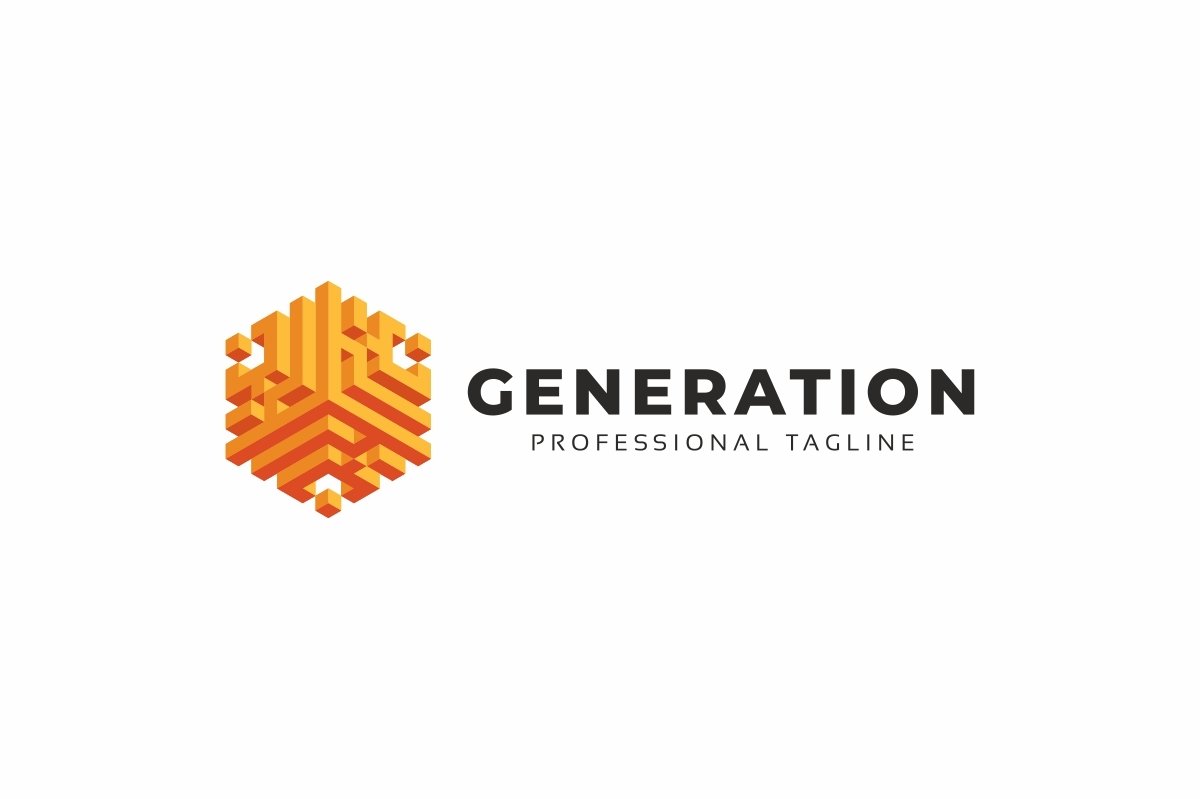 A orange 3d hexagon abstract logo with a white lettering "Generation professional tagline" on a white background.