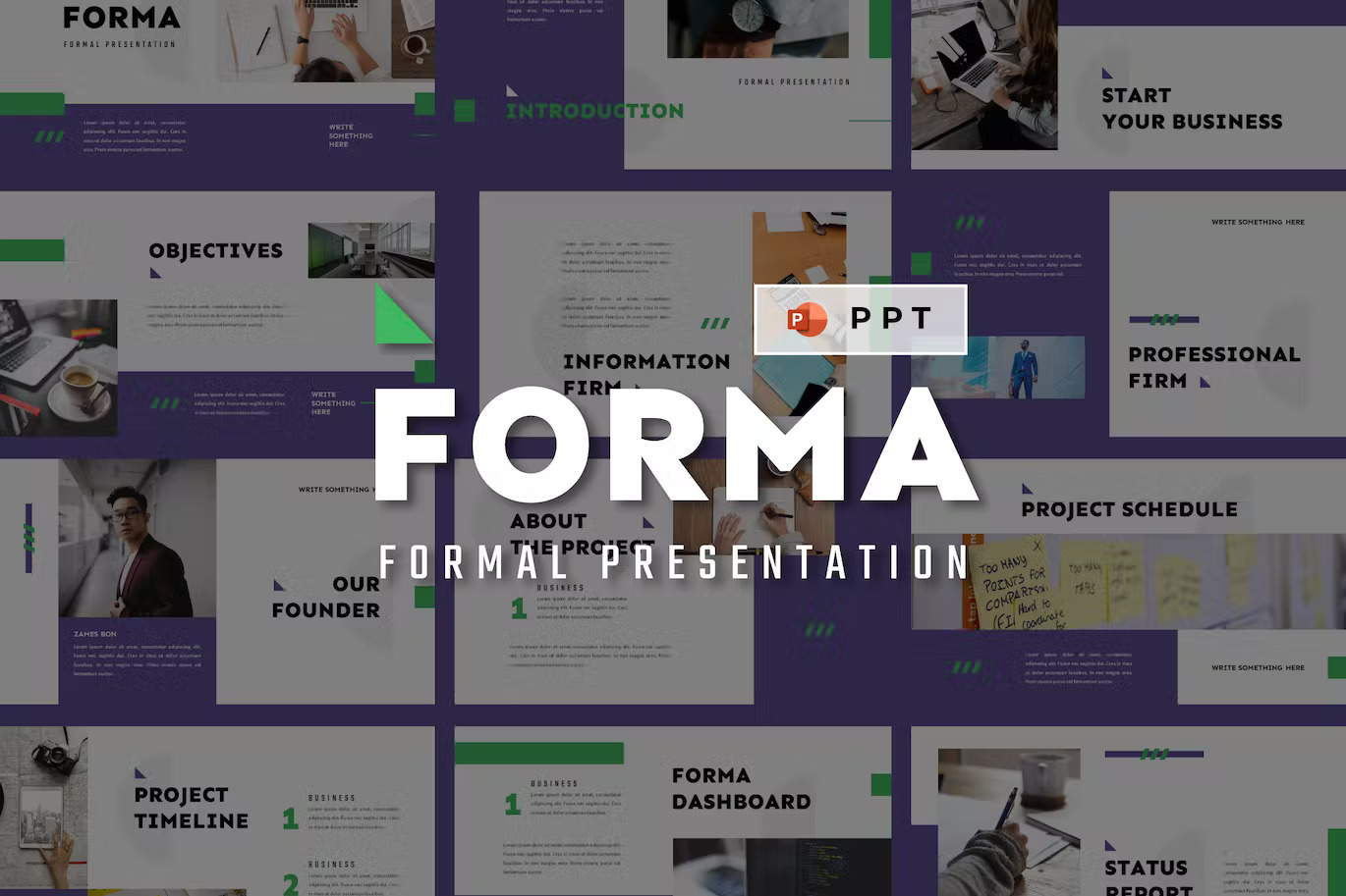 Cover - white lettering "FORMA Formal Presentation" on a background of different formal powerpoint templates