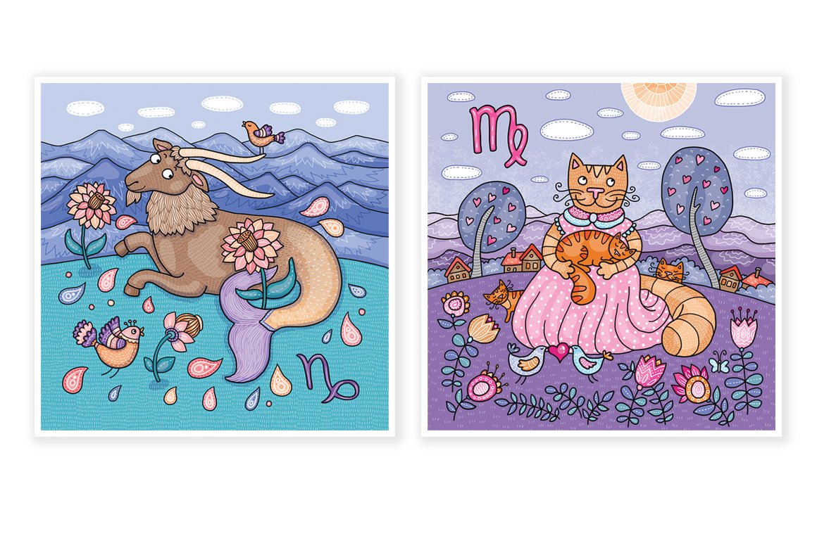 Two colorful cards with the beautiful zodiac signs graphics.