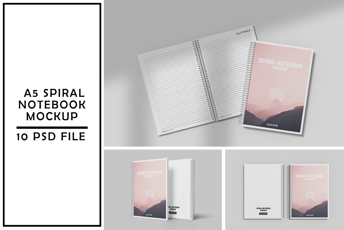 Pack of images of a a5 spiral notebook with an elegant design.