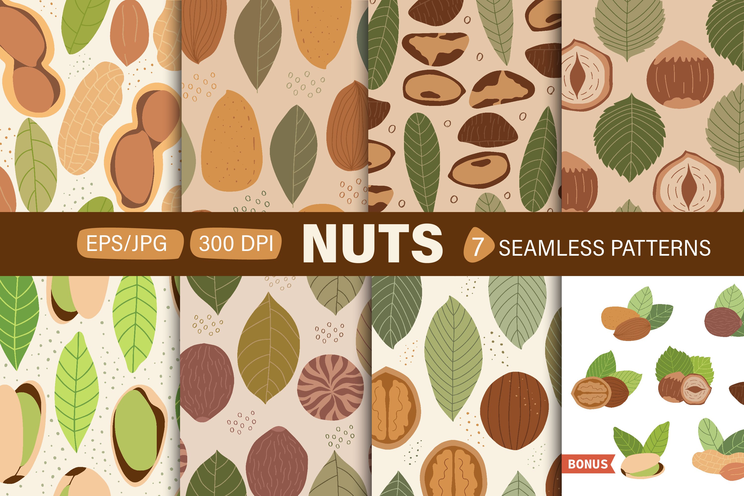 White lettering "NUTS" and 8 different seamless patterns with nuts.