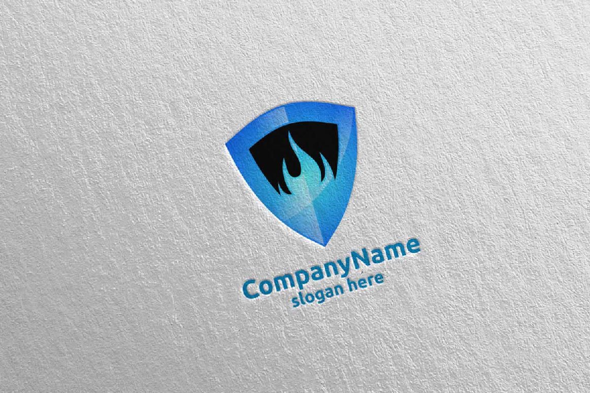 A blue and black 3D fire flame element logo and blue lettering "CompanyName slogan here" on a gray background.