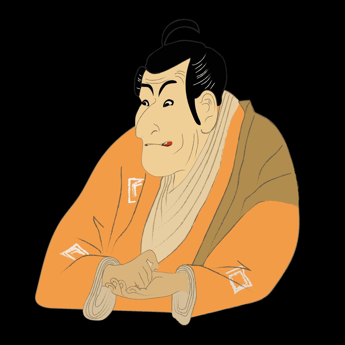 Illustration of a samurai in a kimono on a black background.