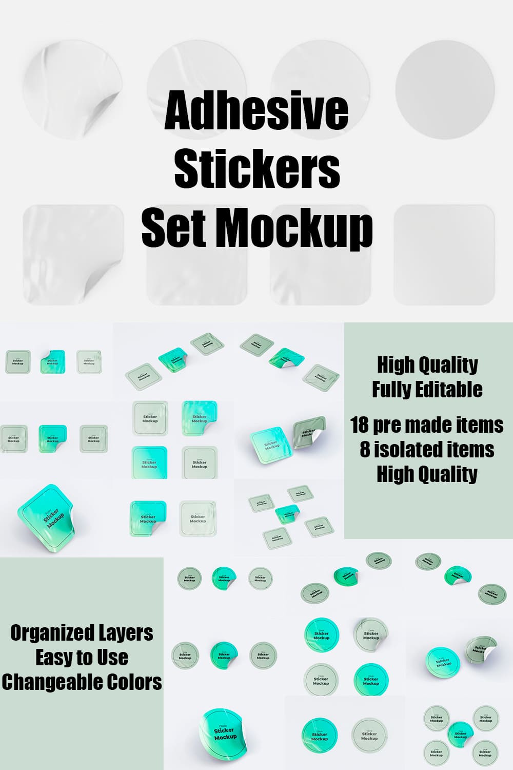 Set of images of colorful sticker mockups.