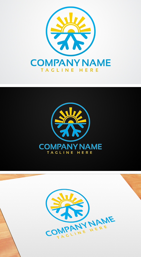 Series of yellow blue logo with sun and snowflake.