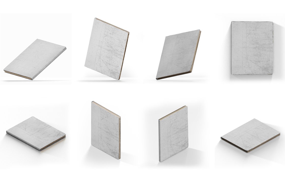 8 gray vintage mockup notebooks from different angles on a white background.
