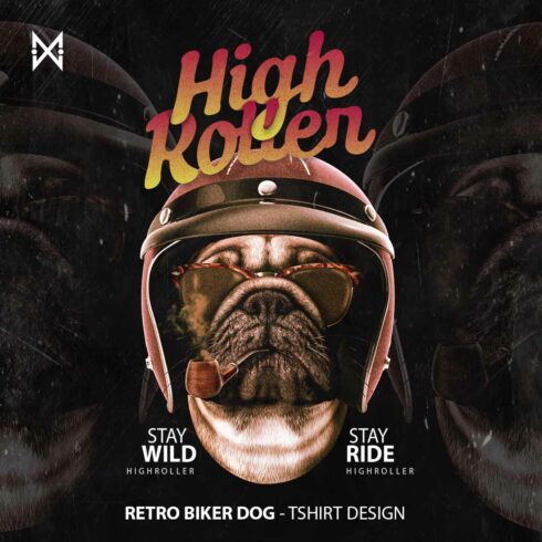 Colorful image of a biker dog wearing glasses and smoking a pipe.