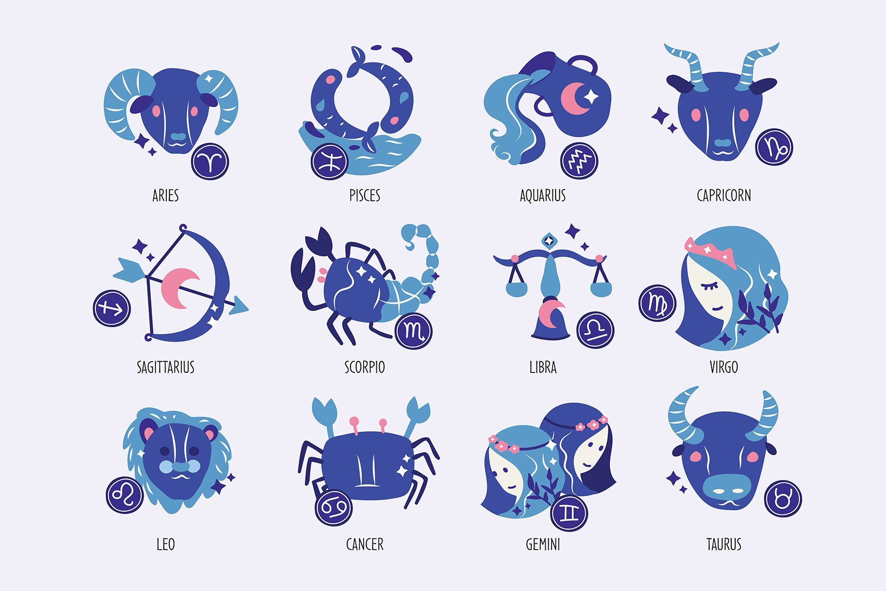 All zodiac signs in a blue with the interesting design.