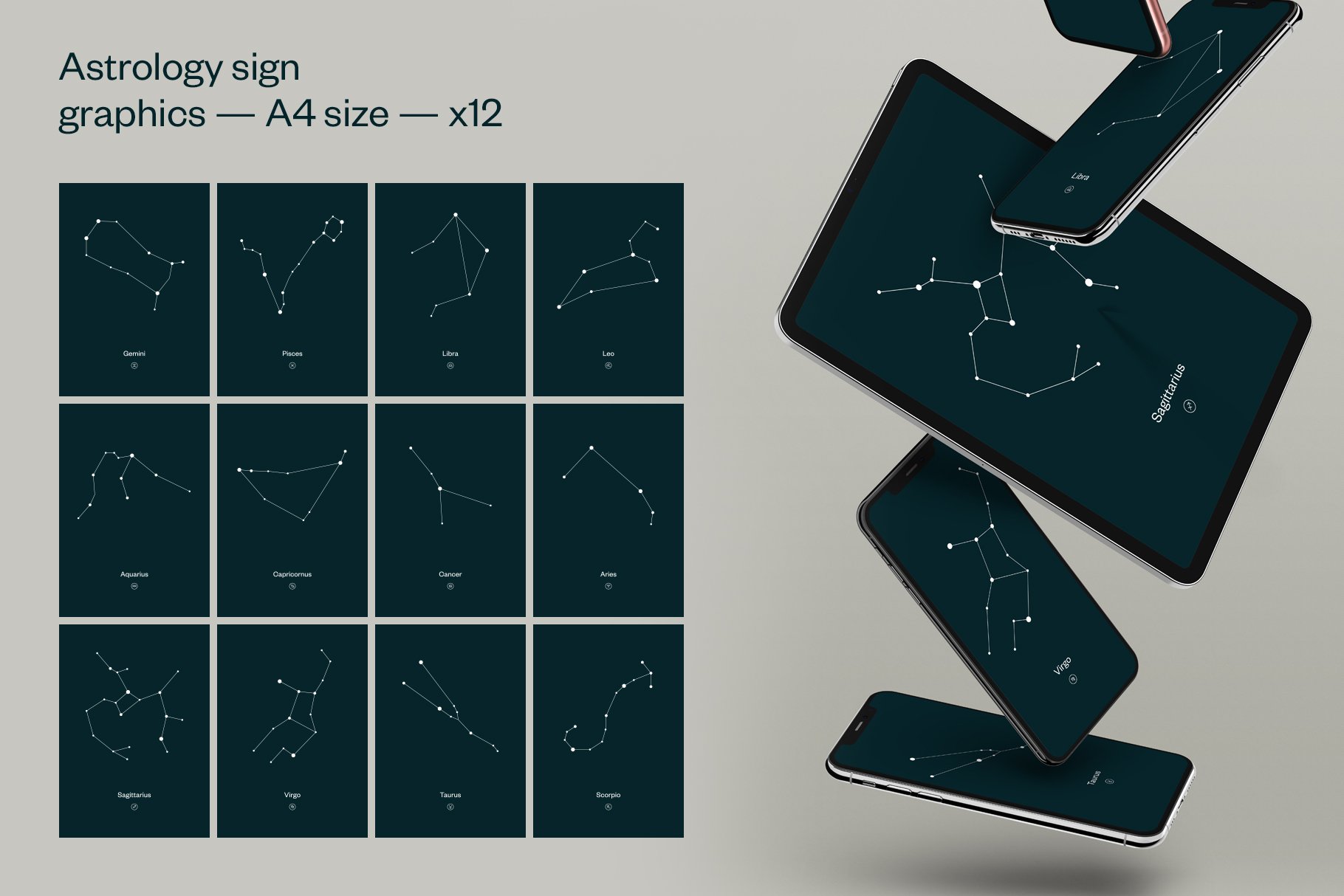 Astrology signs patterns on a dark background.
