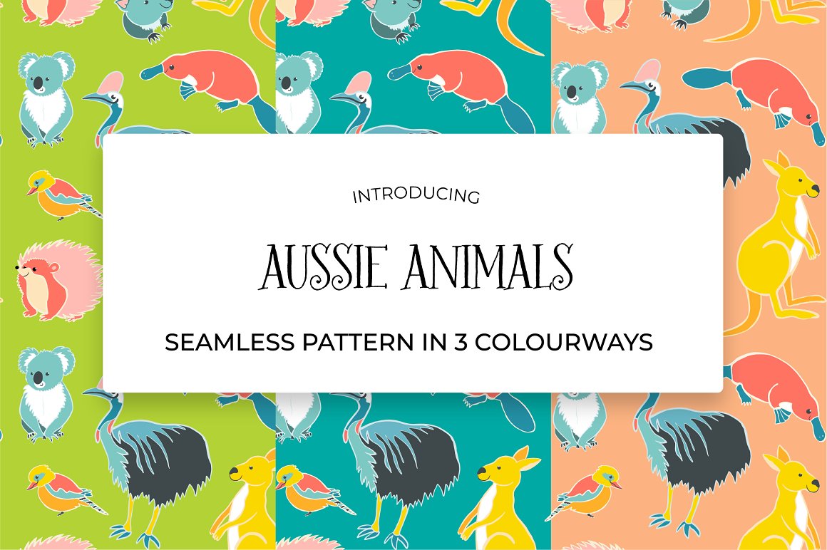Black lettering "Aussie Animals Seamless Pattern In 3 Colourways" on a white background and 3 different pattern with aussie animals.