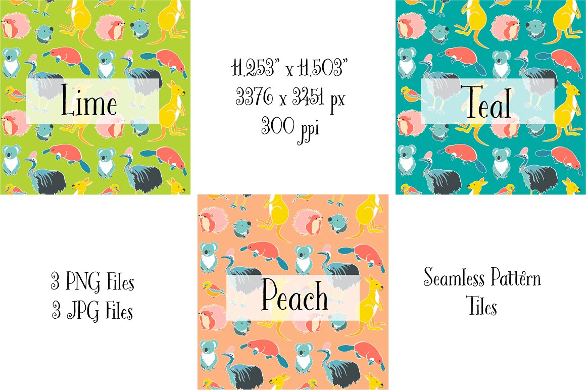 3 different seamless pattern in lime, teal and peach colors with aussie animals.