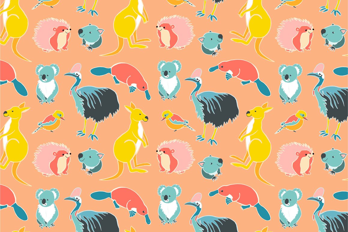 Seamless pattern with australian animals on a peach background.