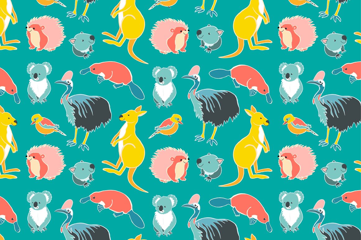 Seamless pattern with australian animals on a teal background.
