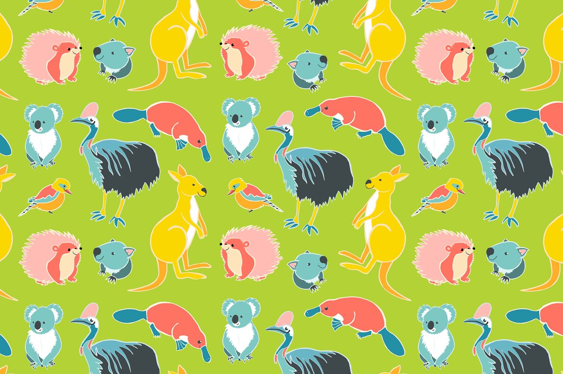 Seamless pattern with australian animals on a lime background.