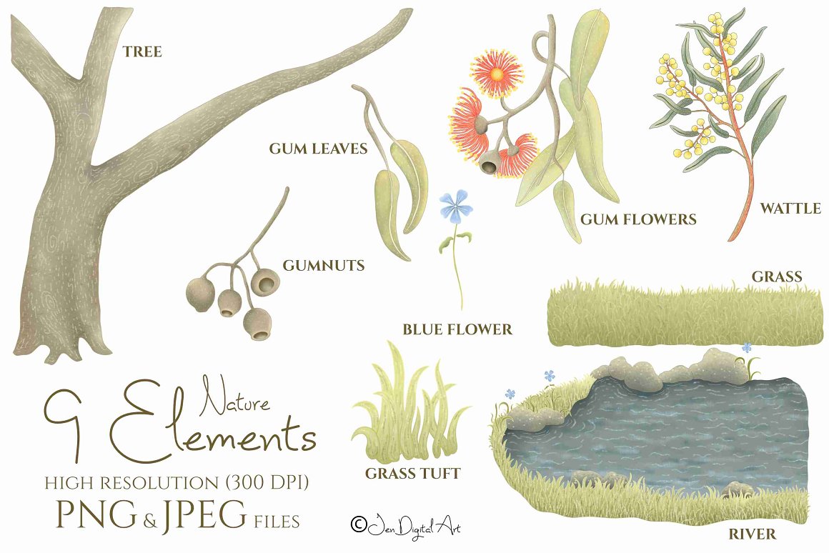 A set of 9 nature elements - tree, gum leaves, gumnuts, blue flower, grass tuft, river, grass, gum flowers and wattle on a white background.