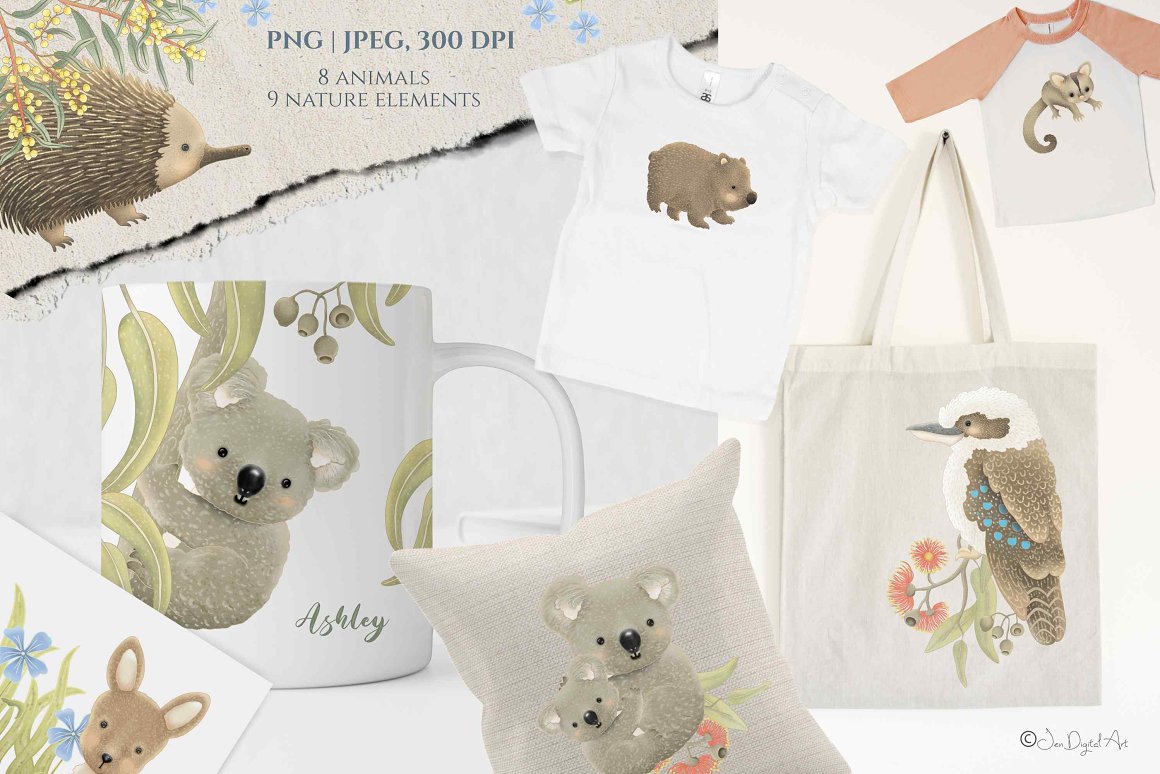 White t-shirt with wombat, white shopping bag with bird, gray pillow with koala mother and baby, white and pink t-shirt with possum and white cup with koala on a white background.