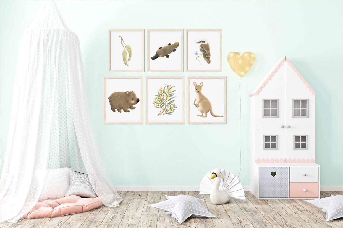 Children's room with 6 different pictures in wooden frame - leaf, platypus, kookaburra, wombat, plant and kangaroo on a white background.